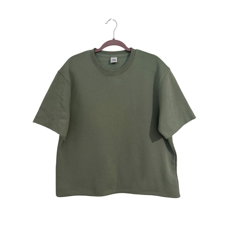 Zara Men's LARGE Olive Green Short Raw Hem Sleeve Sweatshirt Crewneck Loungewear
